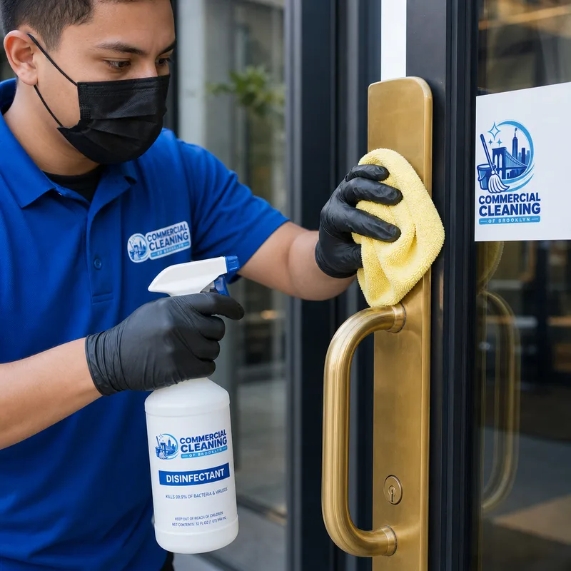 Technician disinfecting high-touch door hardware and push plates in a Manhattan office entry