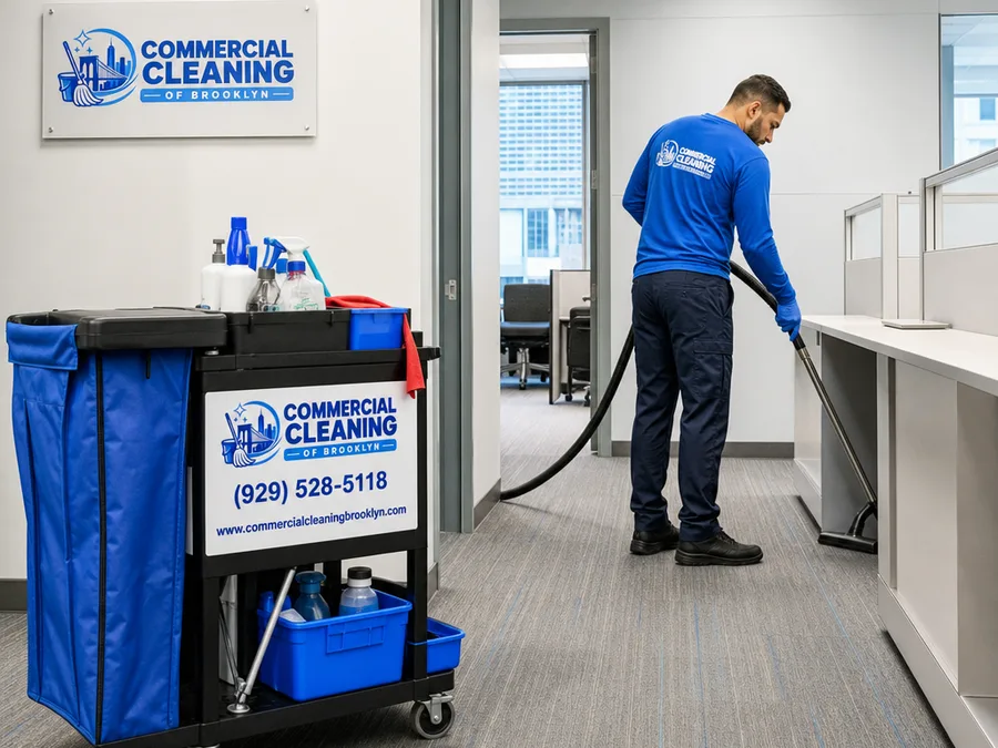 Janitorial team member vacuuming a carpeted corridor outside conference rooms in a commercial building