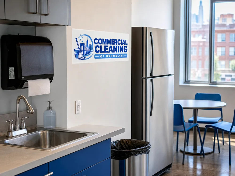 Clean and reset breakroom with wiped counters, empty trash, and a spotless sink after service in a New York City commercial suite